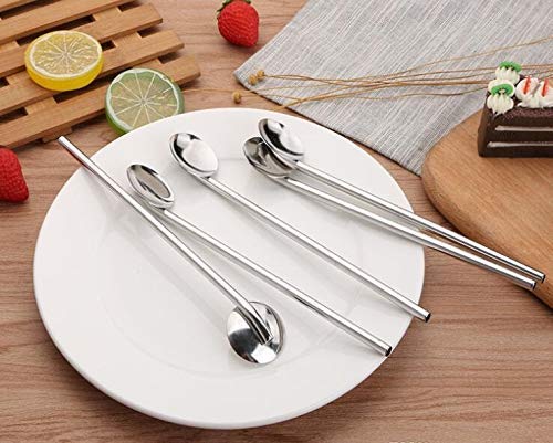 NJ Reusable Stainless Steel Drinking Spoon Straws 8 '', Food Grade Reusable Straw Stirrer for Restaurant, Hotel and Home Use with Cleaning Brush: 6 Pcs Set