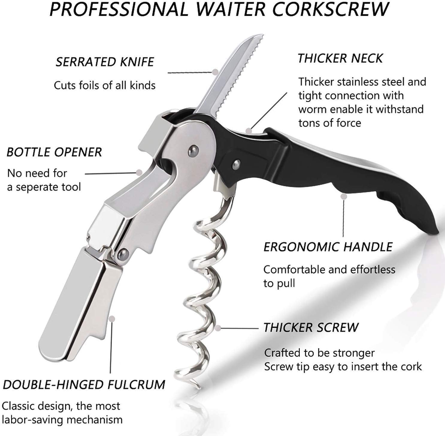 NJ OVERSEAS NCO Corkscrew Upgraded Heavy Duty Wine Opener with Foil Cutter and Bottle Opener for Restaurant Waiters, Sommelier, Bartenders, Corkscrew for Wine and Beer:1 Pc.