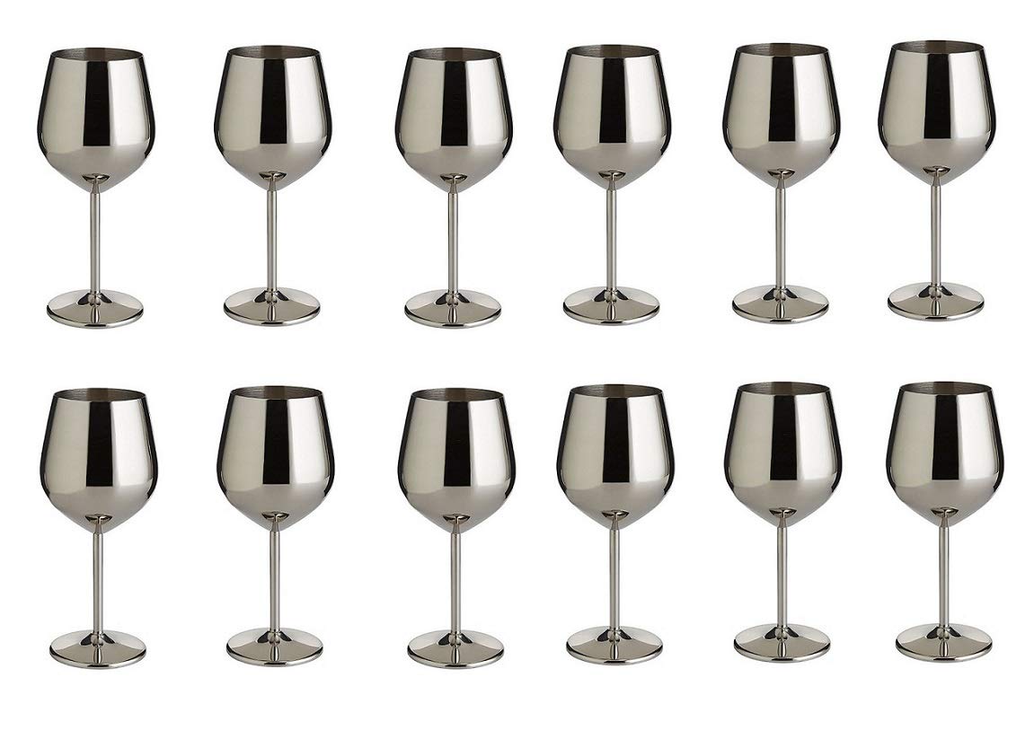 NJ Wine Glasses Stainless Steel, Unbreakable Wine Goblets, Stainless Steel Stemmed Wine Glasses, Unbreakable BPA Free Shatterproof Great for Daily, Formal & Outdoor Use: Set of 12 : Capacity 350 ml