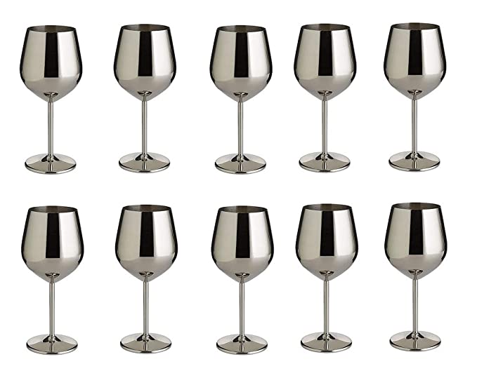 NJ Wine Glasses Stainless Steel, Unbreakable Wine Goblets, Stainless Steel Stemmed Wine Glasses, Unbreakable BPA Free Shatterproof Great for Daily, Formal & Outdoor Use: Set of 10 : Capacity 350 ml